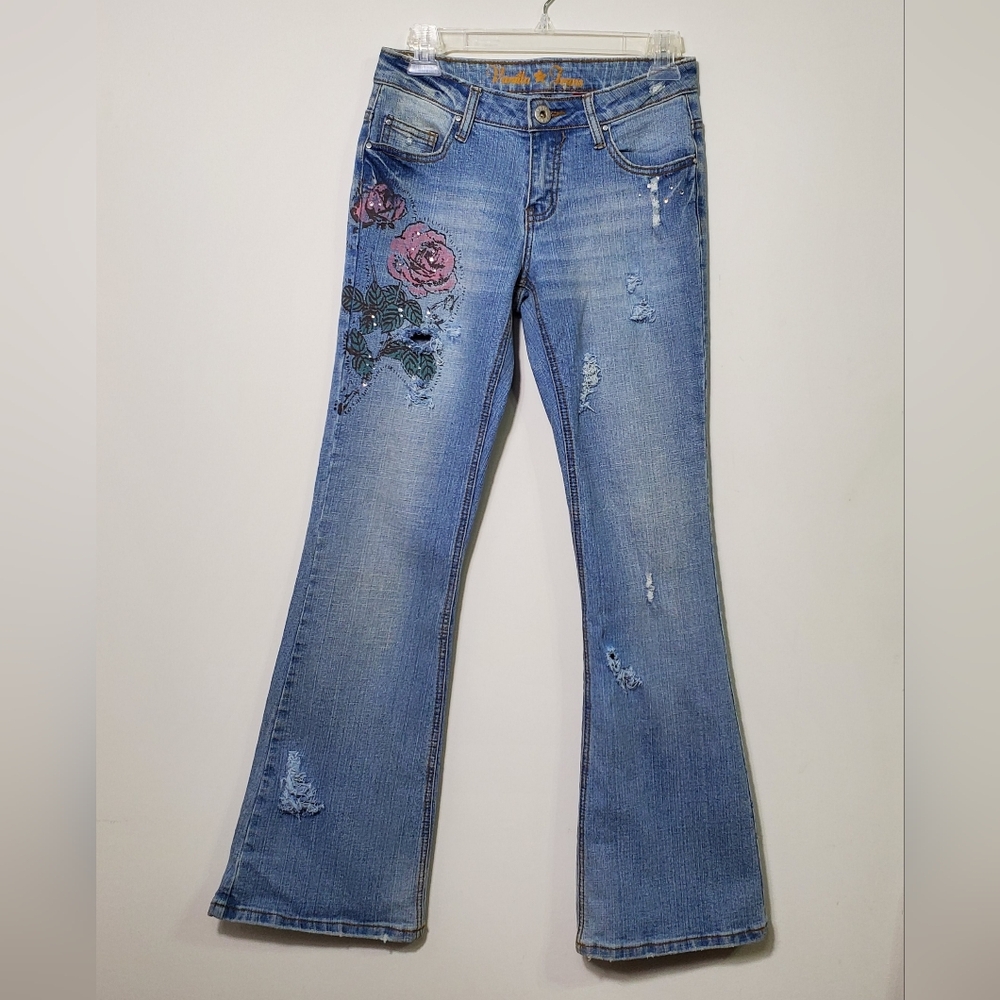 Y2K Distressed Vanilla Jeans Women Floral Rhinestone Blue Flare Leg Stretch